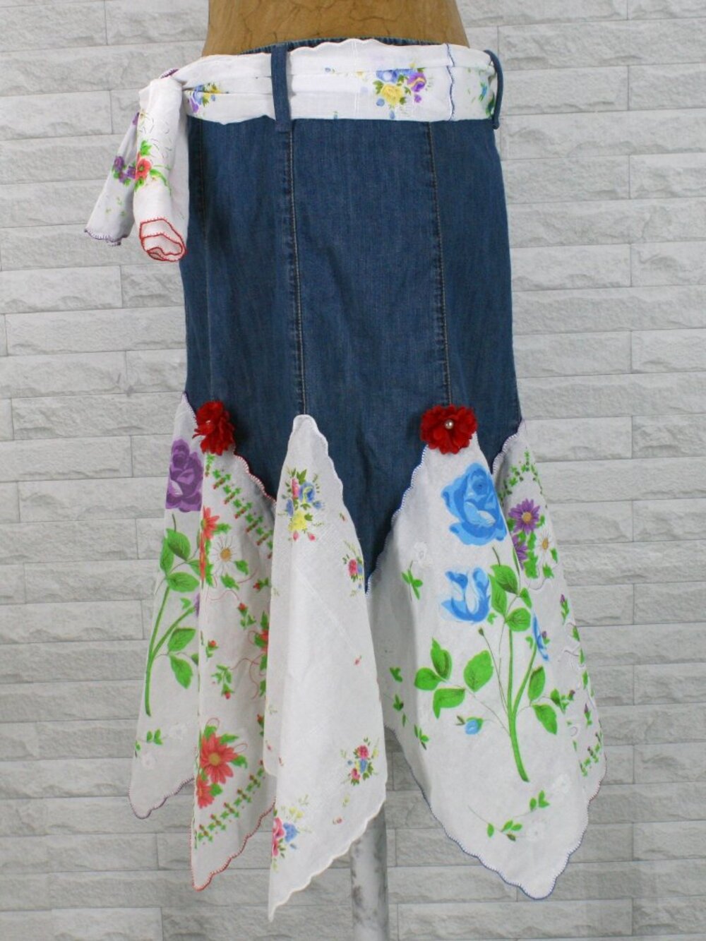 HAND CRAFTED Skirt Denim Handkerchief Midi Upcycled Lace Floral Blue White 6 - Picture 4 of 15